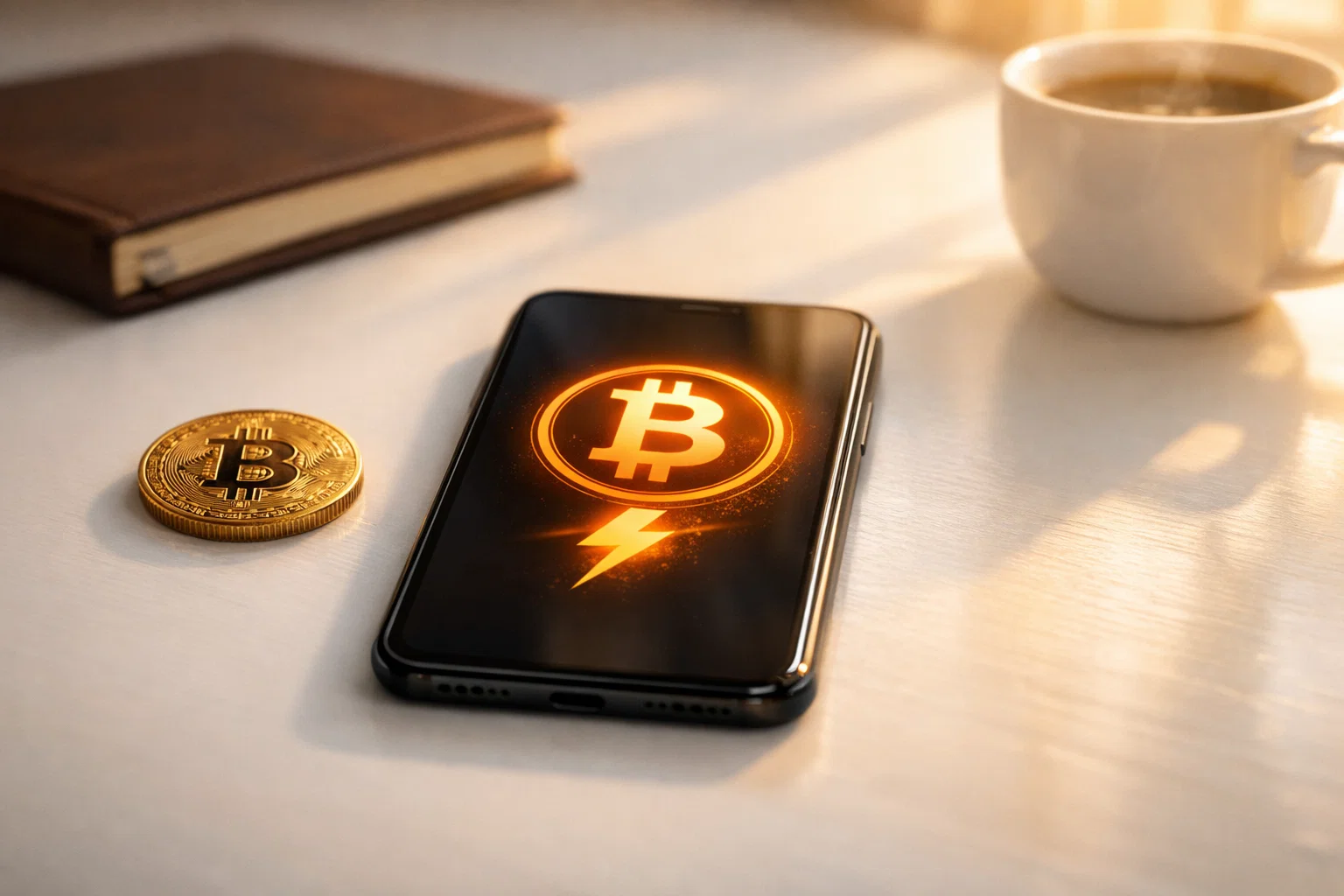 Smartphone mit Bitcoin-Sportwetten-App und Lightning-Symbol auf einem Schreibtisch