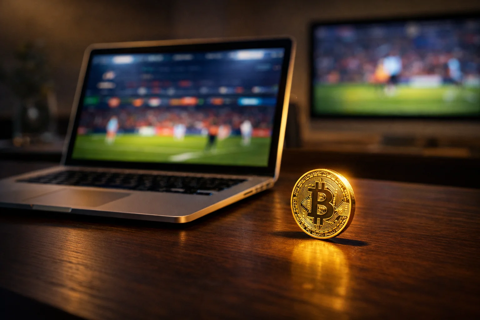 Laptop mit geöffneter Sportwetten-Plattform und goldene Bitcoin-Münze daneben auf einem Schreibtisch