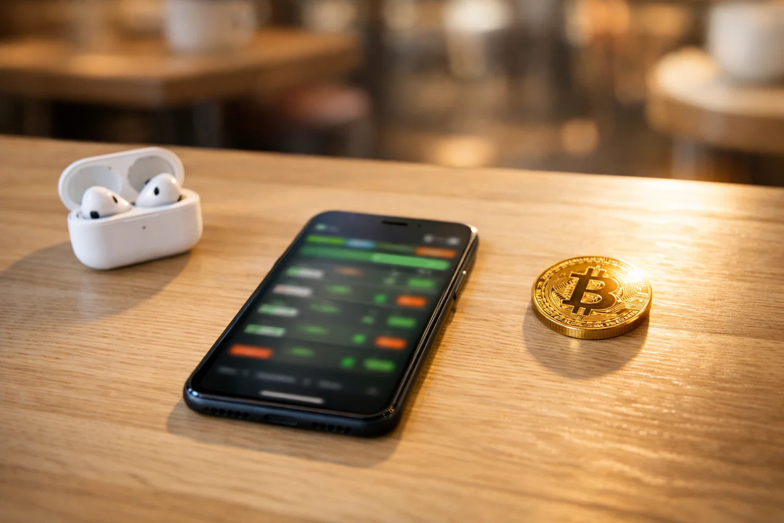 Smartphone mit Sportwetten-App auf einem Tisch neben Kopfhörern und einer Bitcoin-Münze