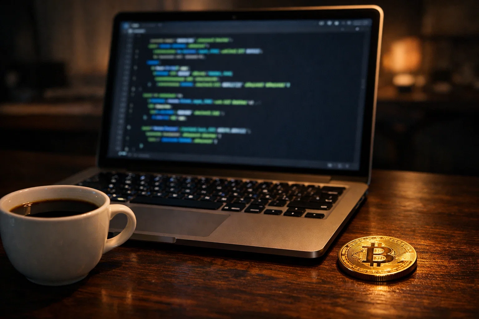 Laptop mit Code-Zeilen auf dem Bildschirm und Bitcoin-Münze neben einer Kaffeetasse auf dem Schreibtisch
