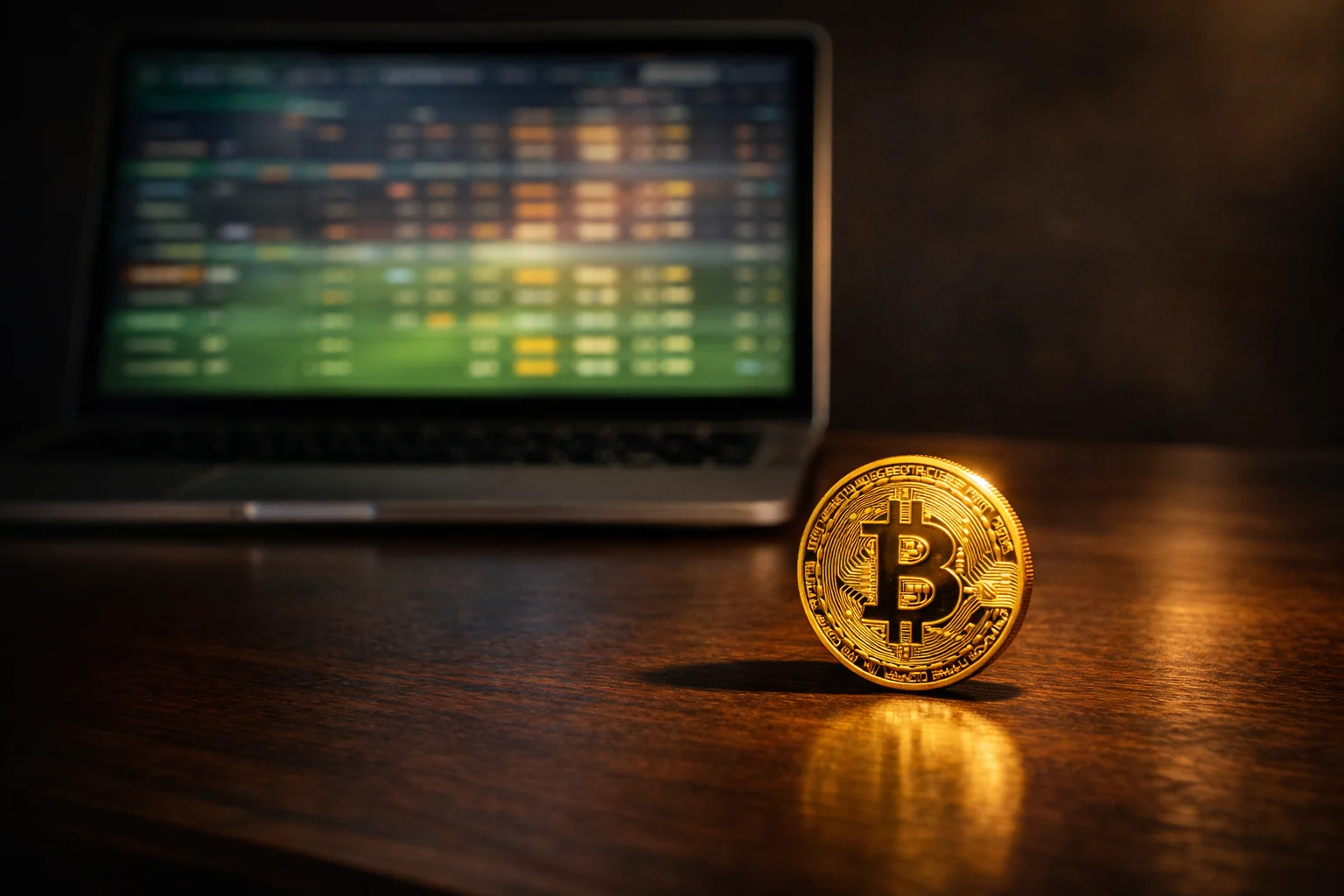 Bitcoin-Münze auf einem Laptop neben einem Smartphone mit Sportwetten-App — Leitfaden zur Bitcoin Wetten Anmeldung