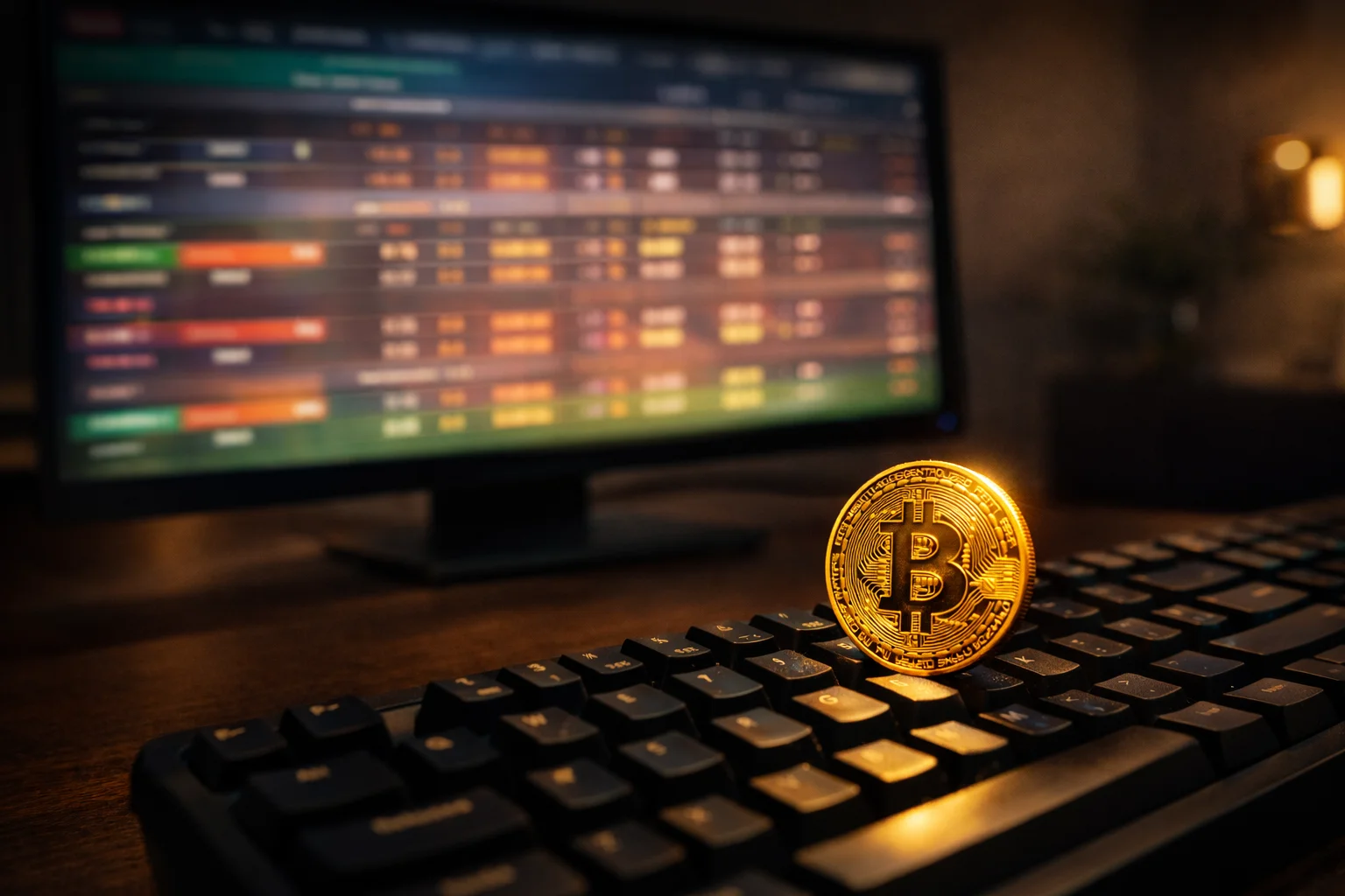 Nahaufnahme eines Bildschirms mit Sportwetten-Quoten und einer Bitcoin-Münze auf der Tastatur