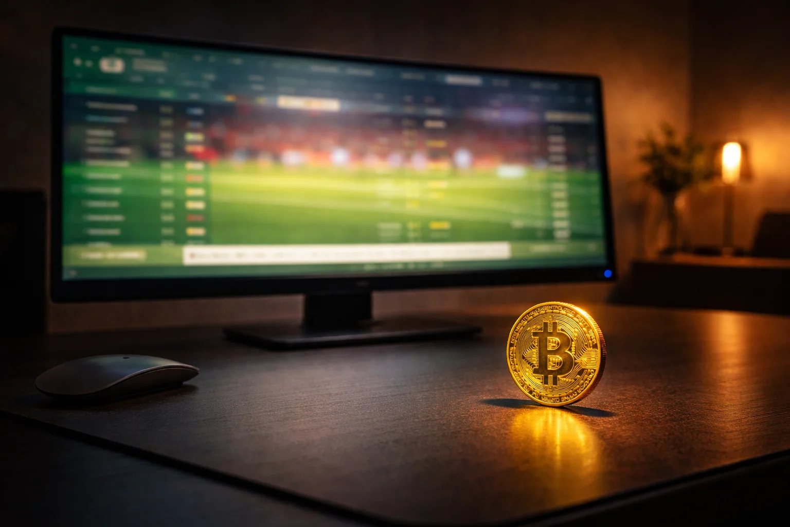 Großer Computerbildschirm mit einer Sportwetten-Webseite und Bitcoin-Münze auf dem Schreibtisch