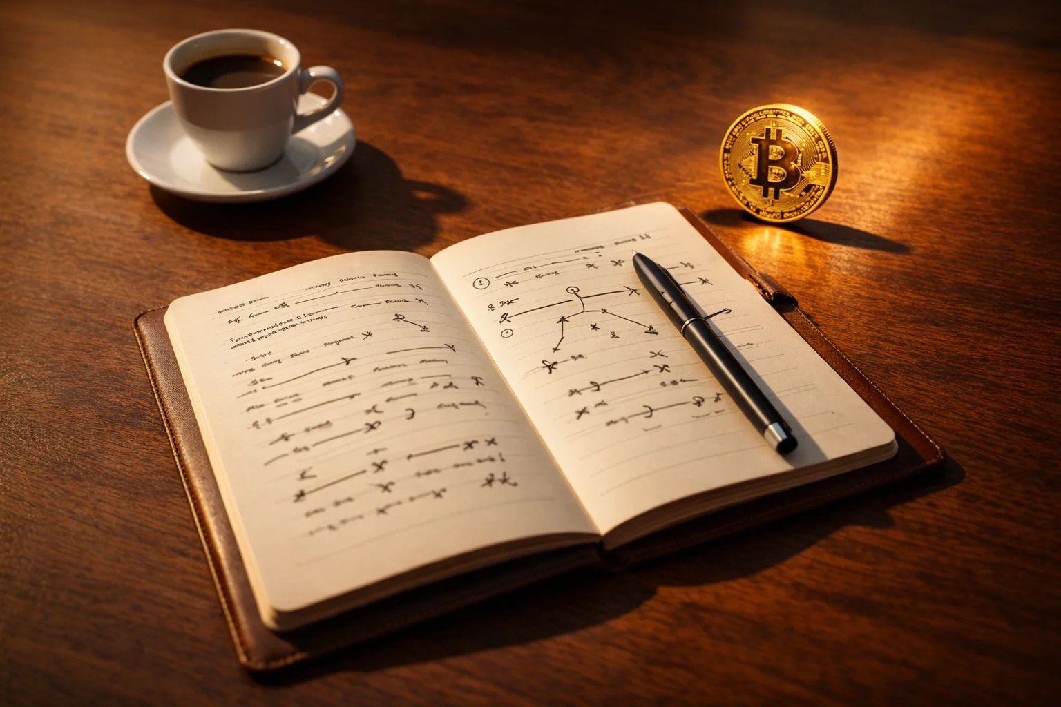 Notizbuch mit handgeschriebenen Wettstrategien und Bitcoin-Münze auf einem Holzschreibtisch