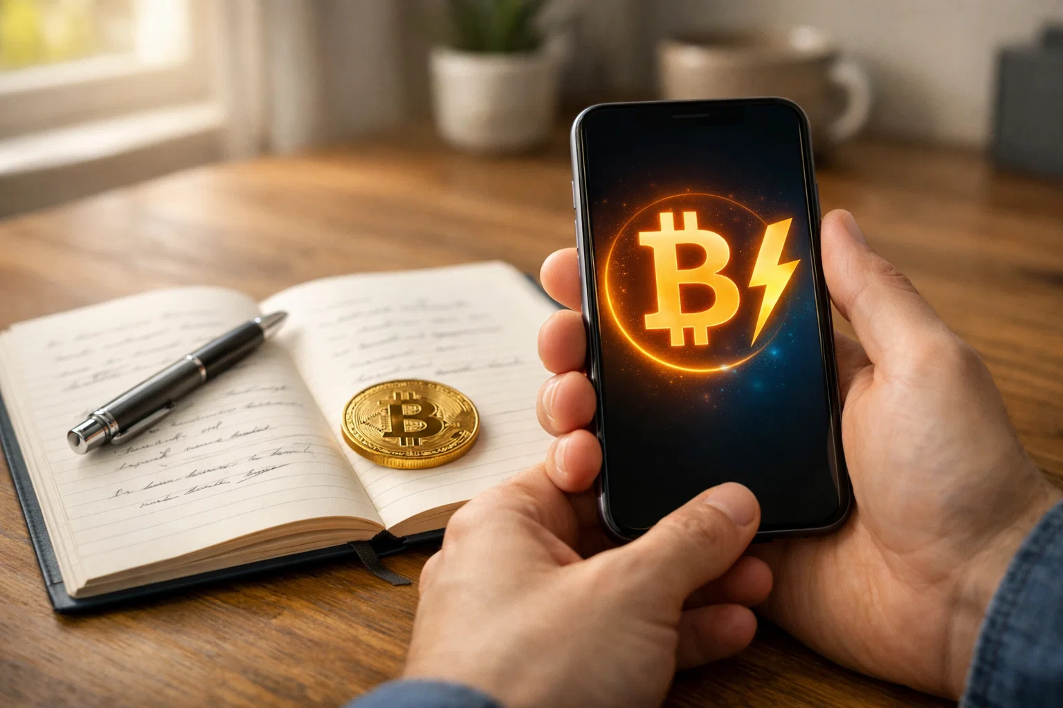 Person hält ein Smartphone mit Bitcoin-Wallet-App neben einem Notizbuch mit Wettnotizen