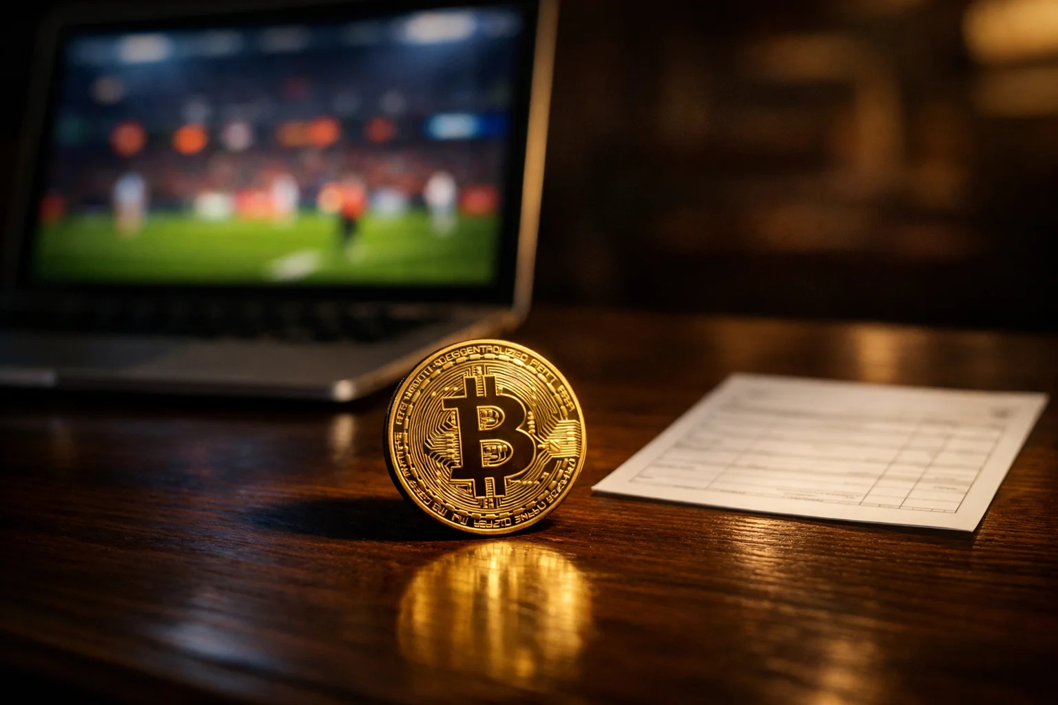 Bitcoin-Münze auf einem Sportwetten-Tisch mit Laptop und Wettschein im Hintergrund